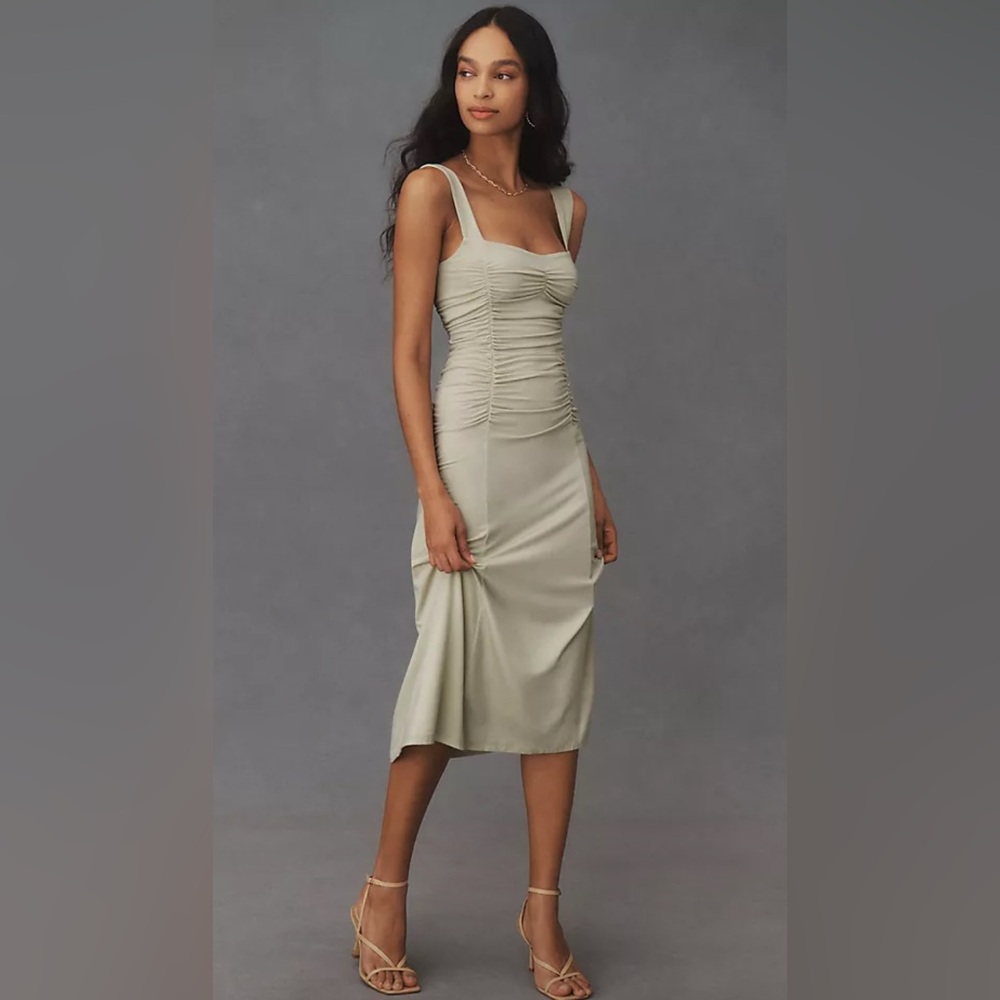 Reformation Suvi Sleeveless Knit Midi Dress Ruched Stretch Party Pale Green XL‎